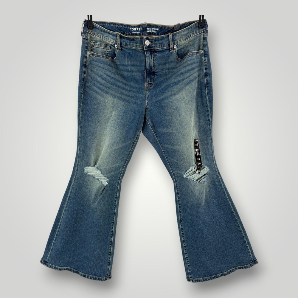 NWT Torrid Perfect Super Flare Jeans Plus 20R Distressed Stretch Blue